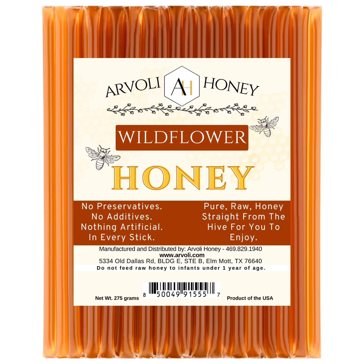 Arvoli Raw Honey Sticks packaging display shows convenient single-serve sticks.