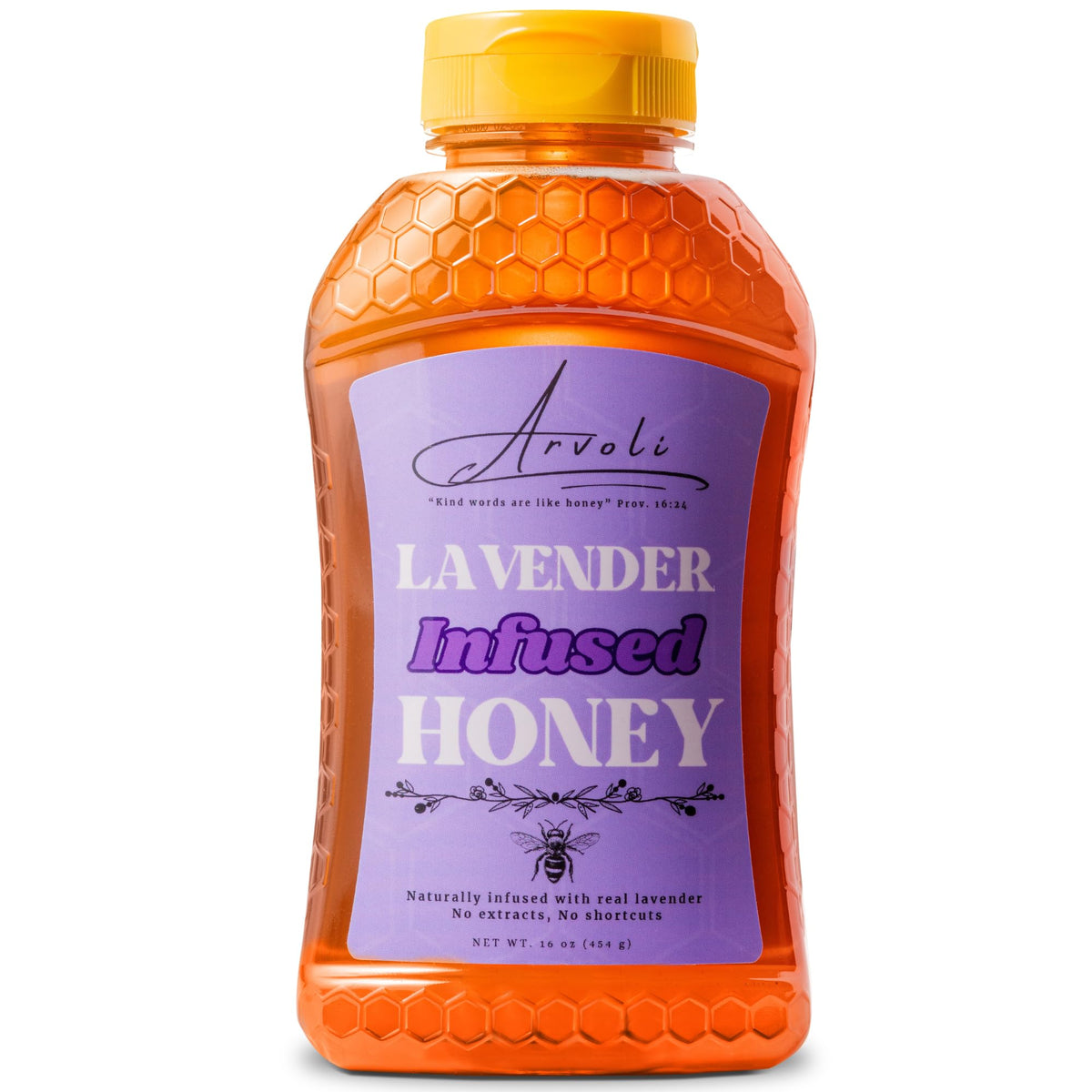 Arvoli Lavender Honey bottle closeup, showcasing pure infusion for tea and coffee.
