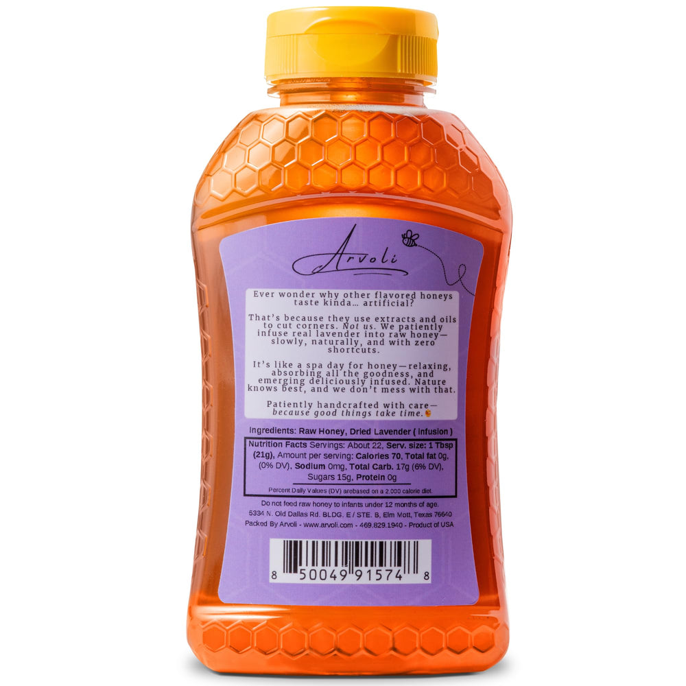 Arvoli Lavender Honey jar with dried lavender flowers, aroma-rich sweetness for beverages.