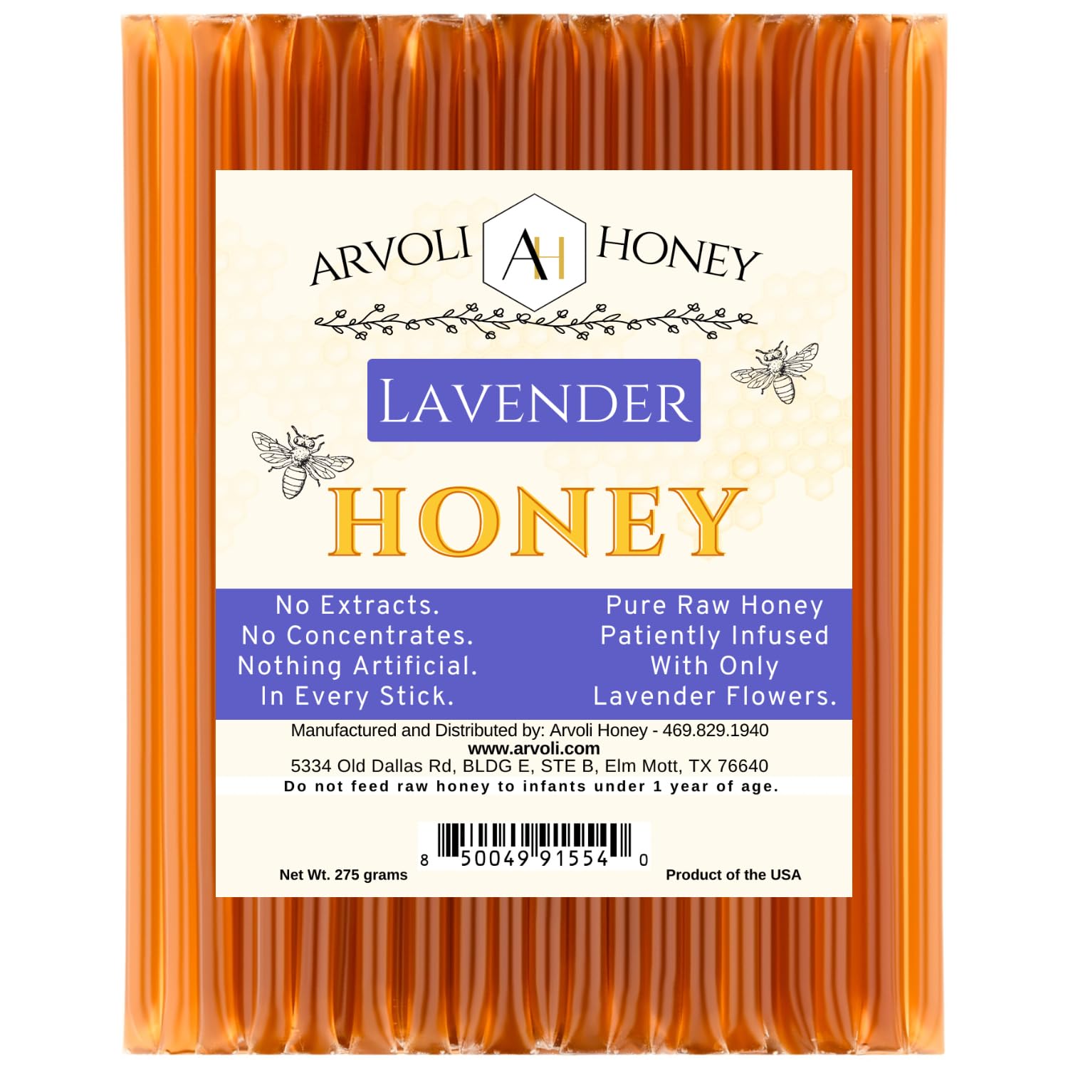 Arvoli Lavender Infused Honey Straws packaging, ideal for gifting or pantry display.