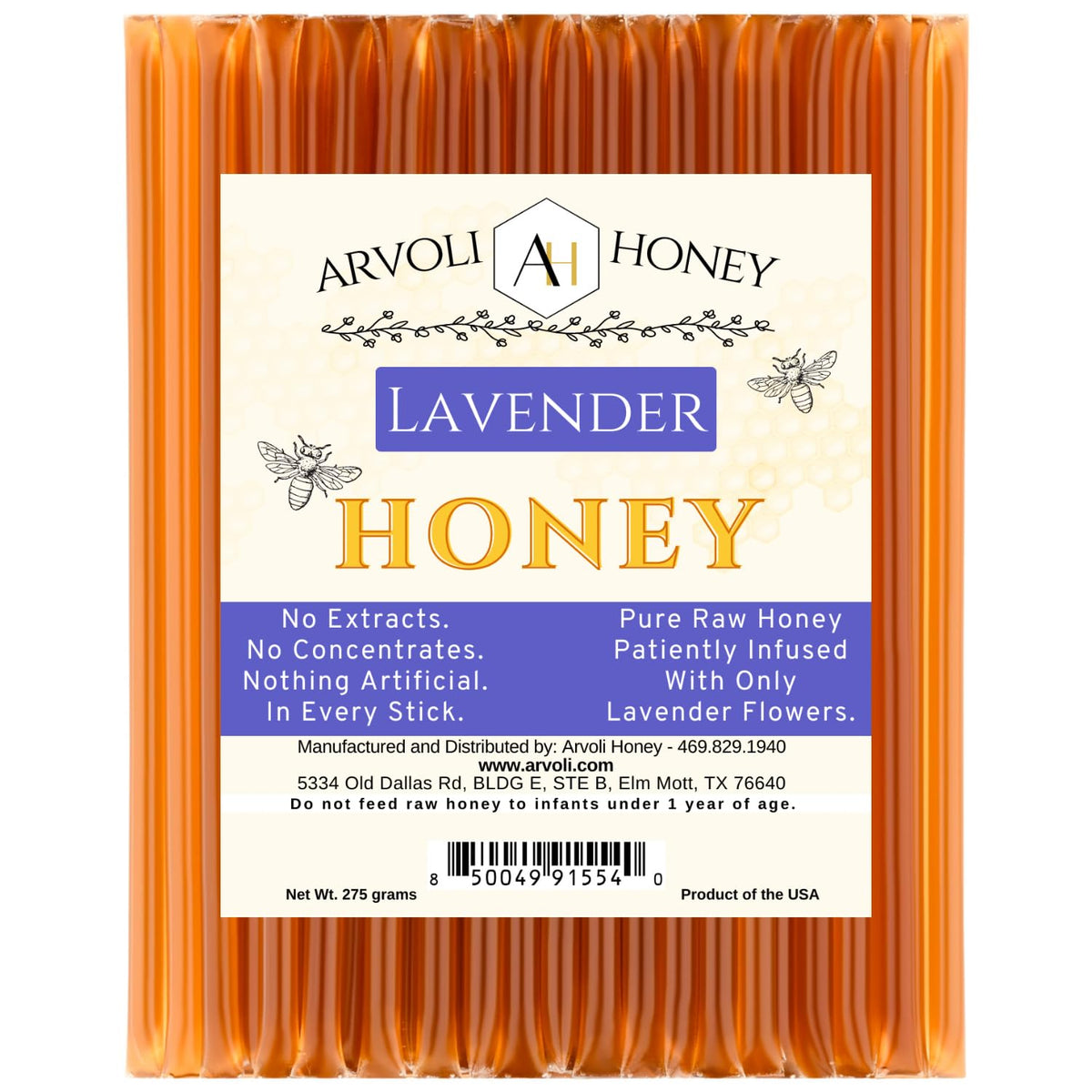 Arvoli Lavender Infused Honey Straws packaging, ideal for gifting or pantry display.