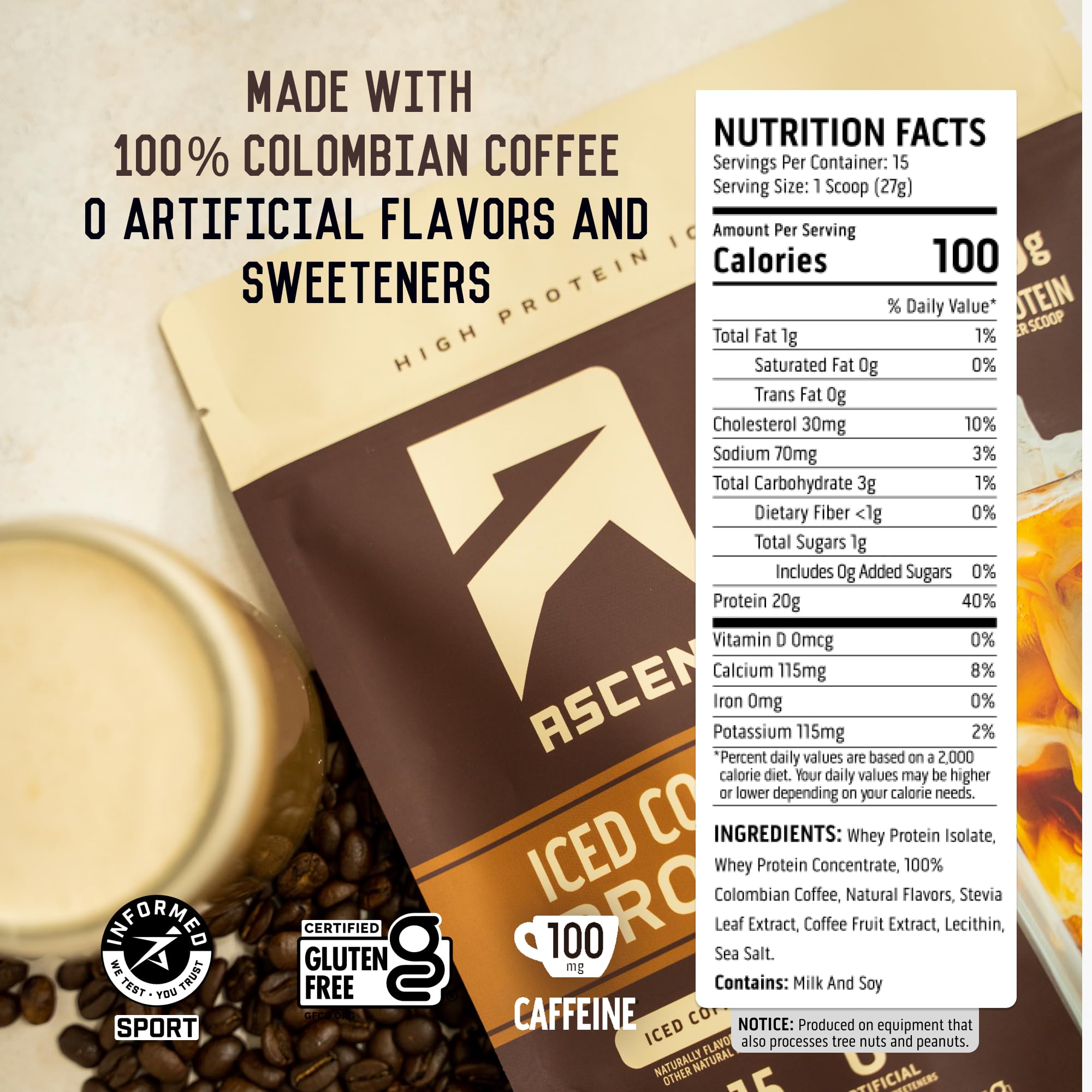 Ascent Iced Coffee Protein Powder glass with shake, refreshing coffee-protein blend