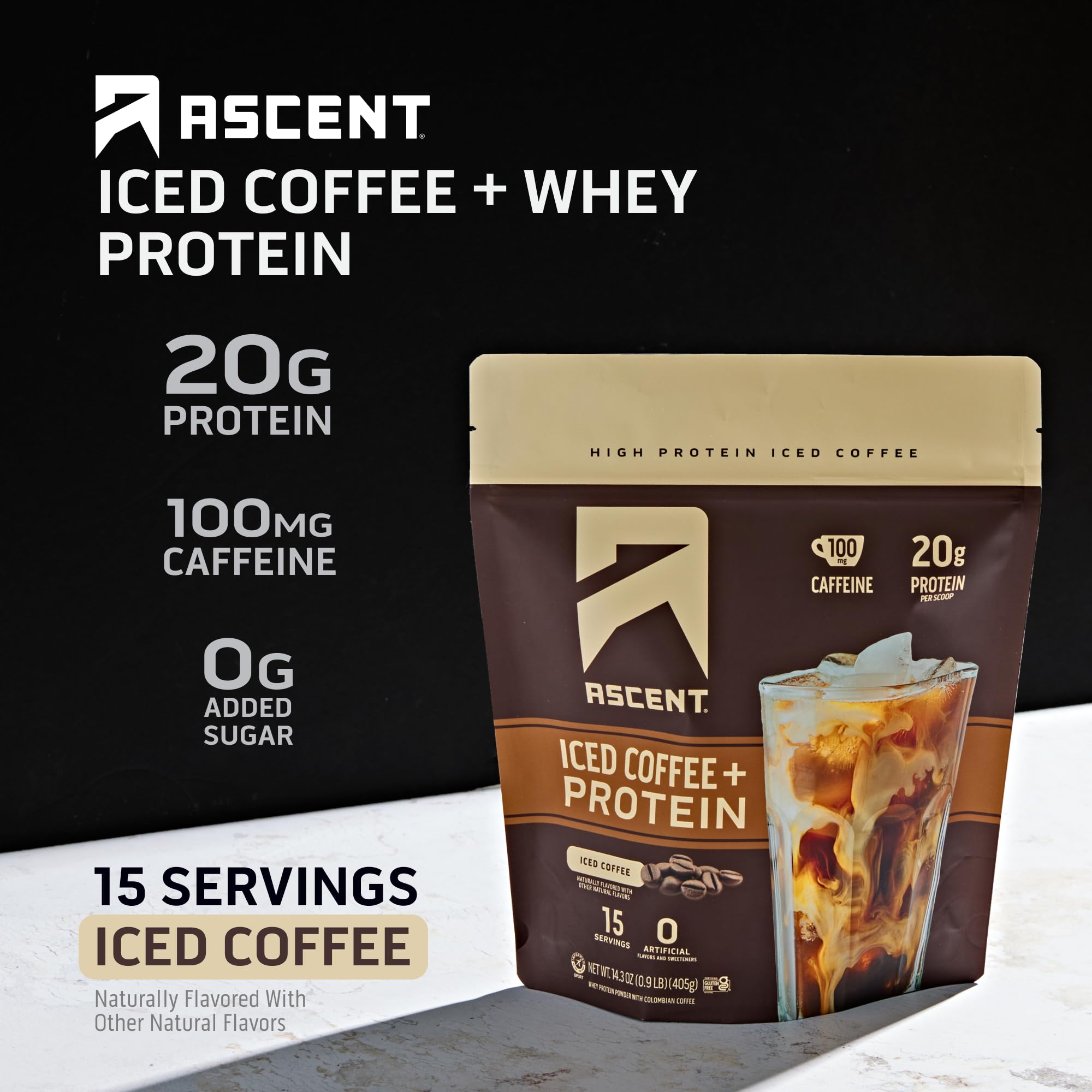 Ascent Iced Coffee Protein Powder scoop ready for quick serving