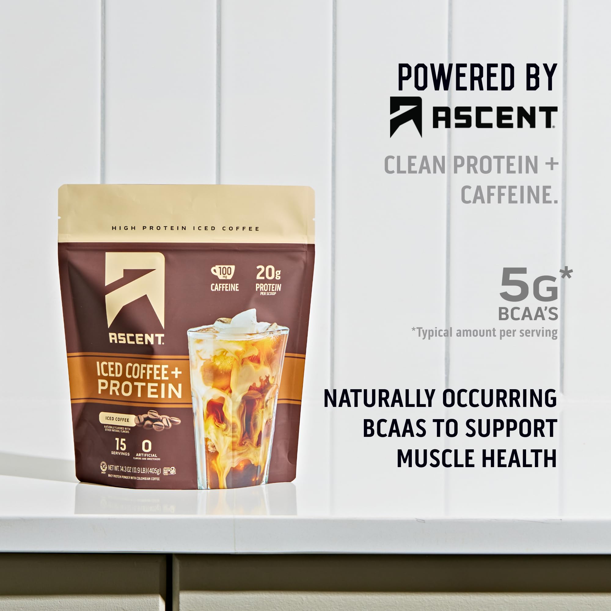Ascent Iced Coffee Protein Powder tub on shelf for daily use