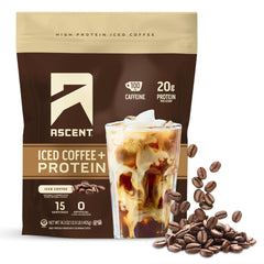 Ascent Iced Coffee Protein Powder tub showing protein and caffeine boost for mornings