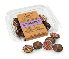 Asher's Chocolates milk chocolate nonpareils with crisp sprinkles, ideal for sharing