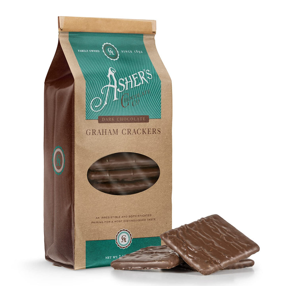 Asher's Chocolates chocolate-covered graham crackers close-up, creamy melt-in-your-mouth bite.
