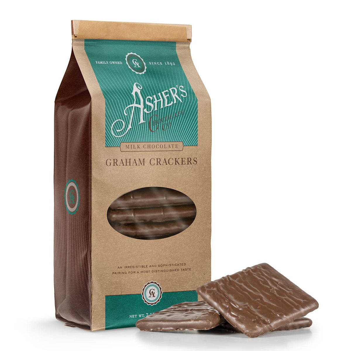 Asher's Chocolates chocolate covered graham crackers close-up, crisp texture with creamy milk chocolate—perfect after-dinner treat.
