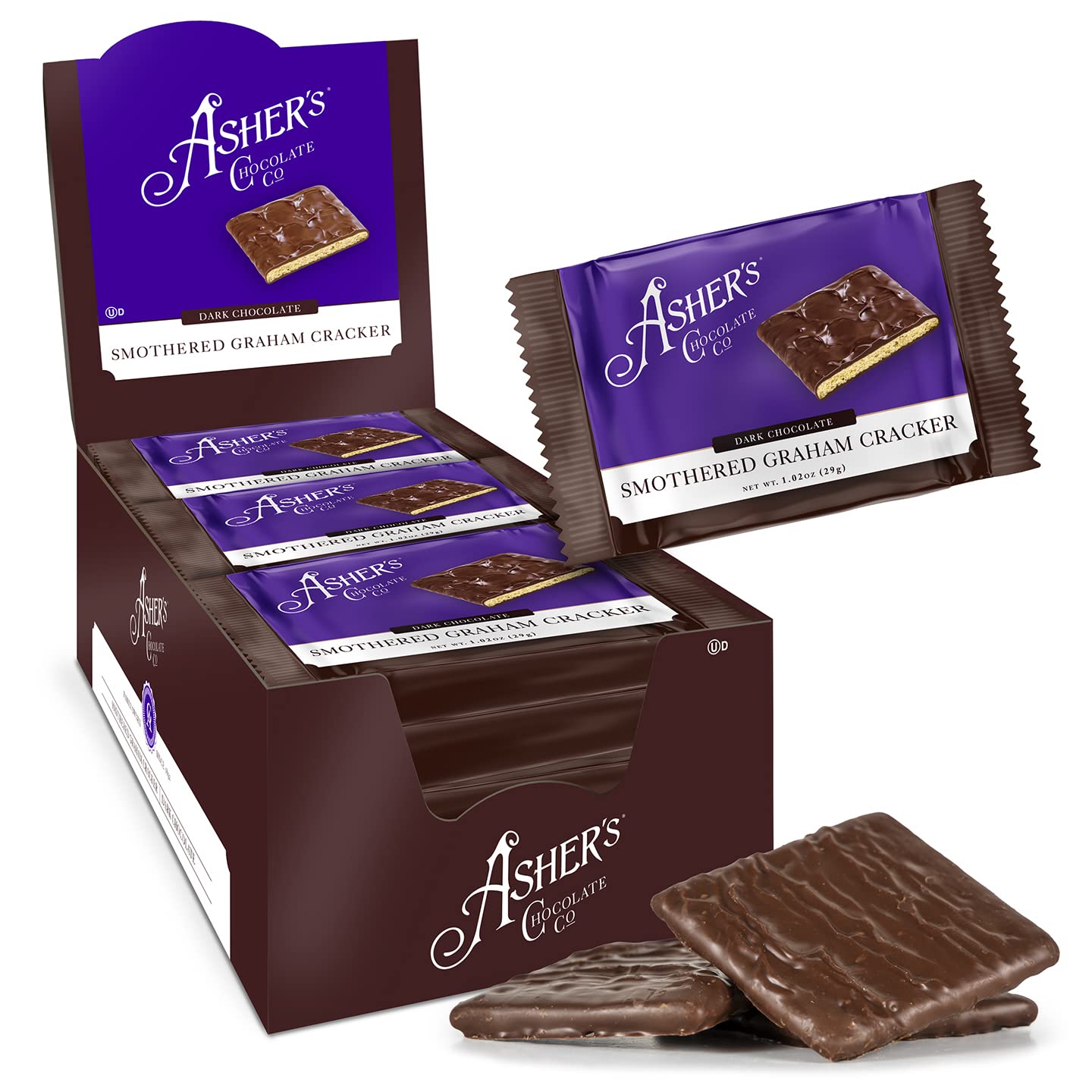 Asher's Chocolates chocolate-covered grahams outer pack shows premium dark chocolate and snack-ready appeal