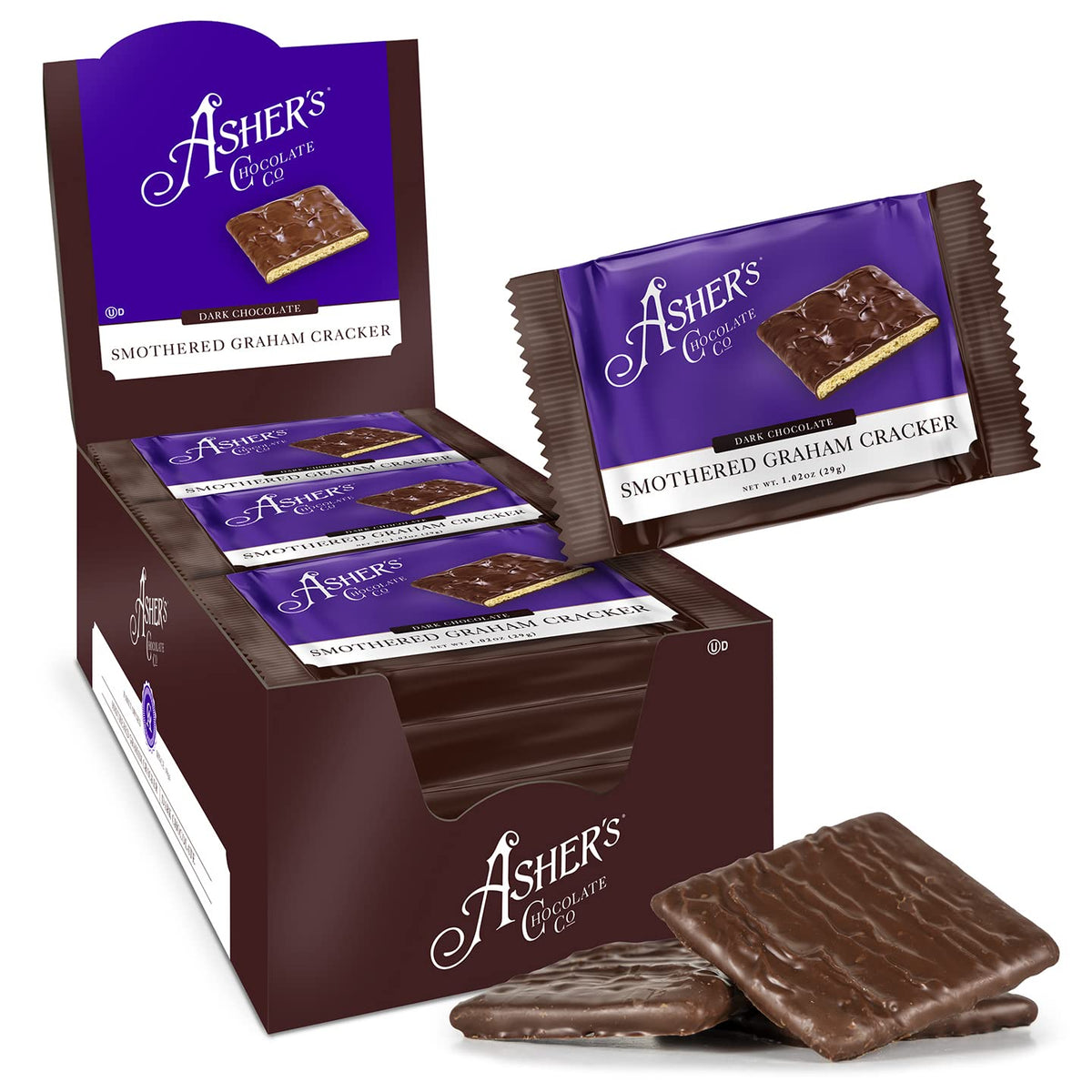 Asher's Chocolates chocolate-covered grahams outer pack shows premium dark chocolate and snack-ready appeal