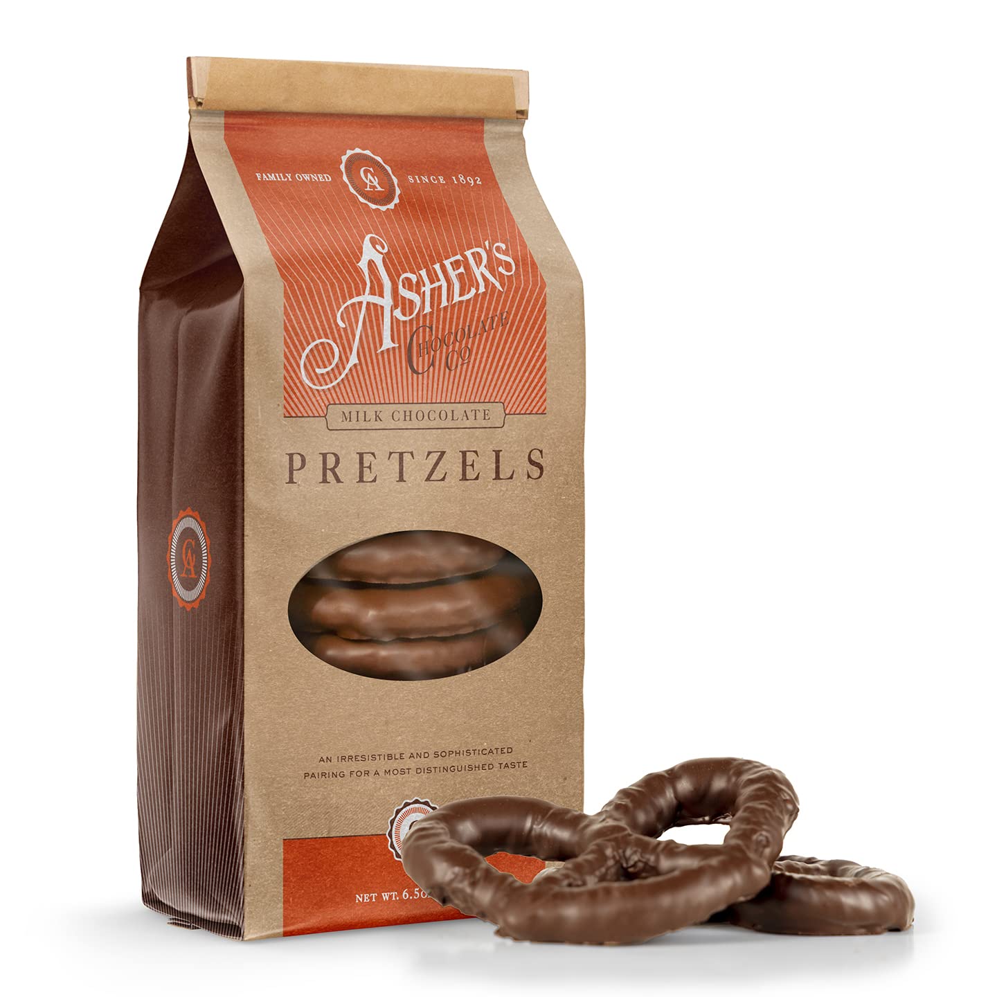 Ashers Chocolates chocolate-covered pretzels in a bag, convenient gourmet snack.