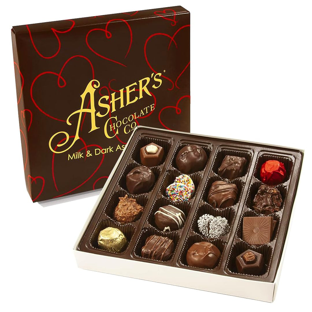 Asher's Chocolates milk and dark heart assortment, perfect gift for sharing.