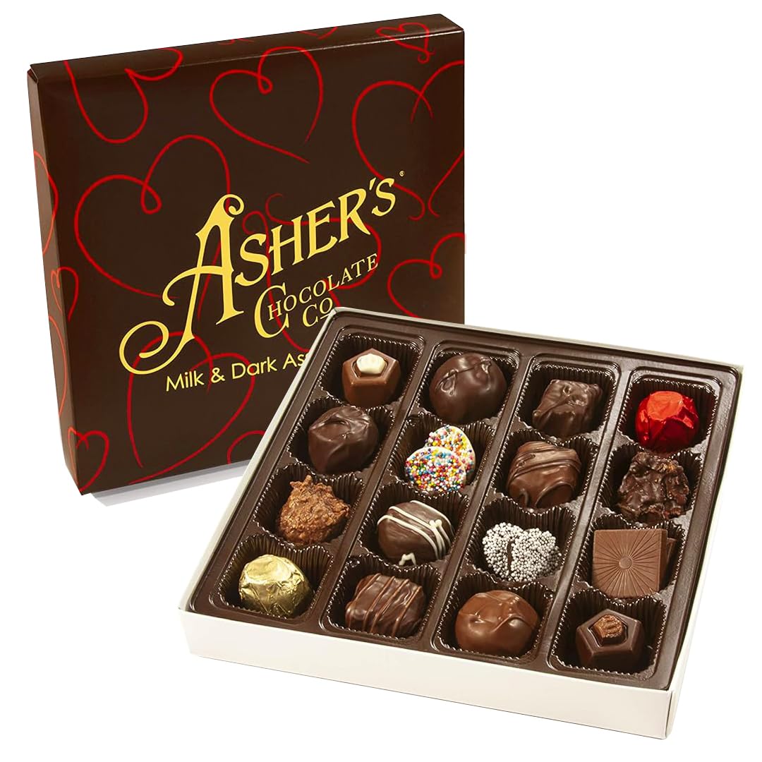 Asher's Chocolates milk and dark heart assortment, perfect gift for sharing.