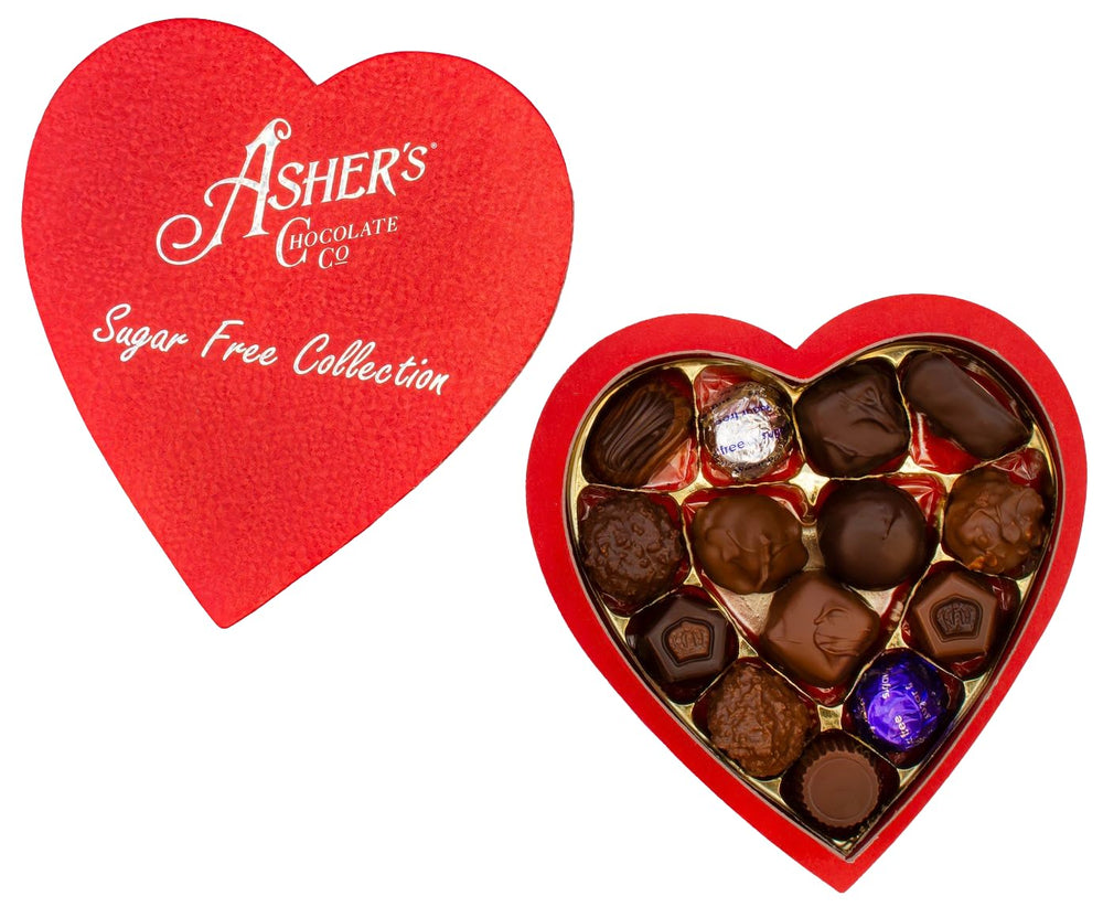 Asher's sugar free chocolate heart collection, elegant gift-ready assortment for chocolate lovers