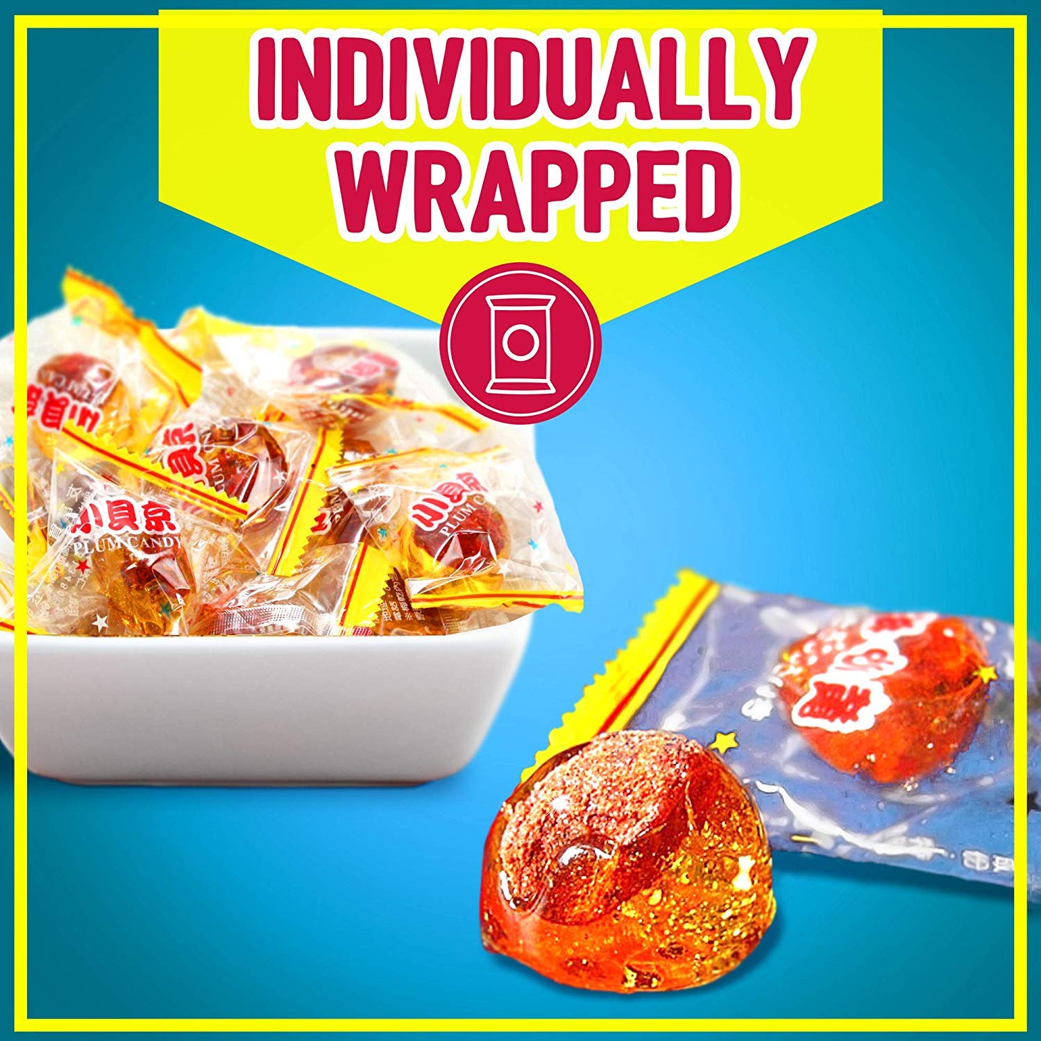 Asia Trans Golden Plum Crack Seed Drops individually wrapped for convenient snacking.