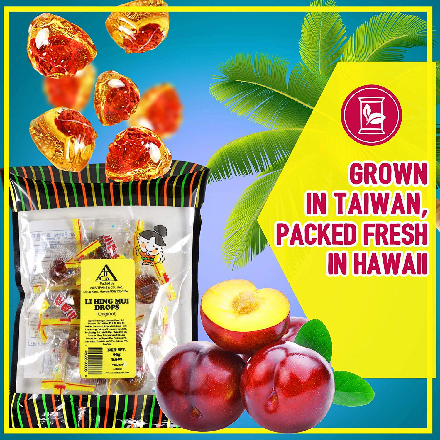 Asia Trans Golden Plum Crack Seed Drops sourced from Taiwan for plum flavor authenticity.