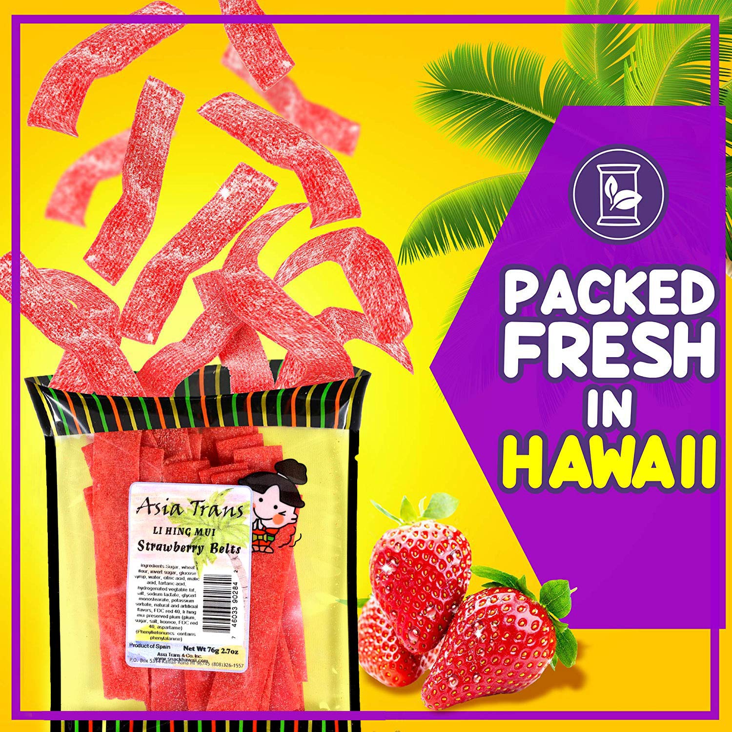 Asia Trans Kona Hawaii snacks Li Hing Mui belts highlight origin.