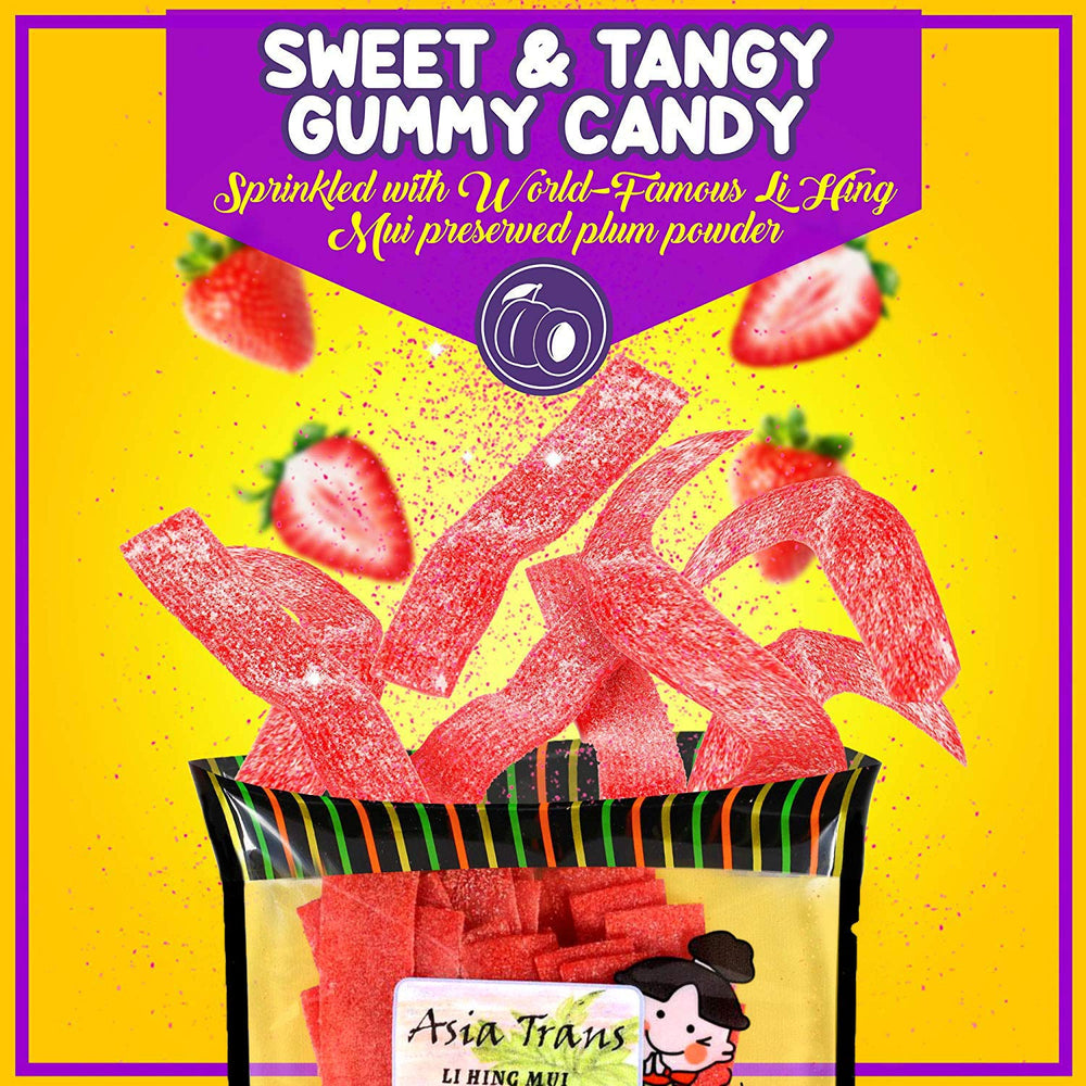 Asia Trans Li Hing Mui Strawberry Belts closeup reveals plum powder sparkle.