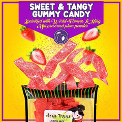 Asia Trans Li Hing Mui Strawberry Belts closeup reveals plum powder sparkle.