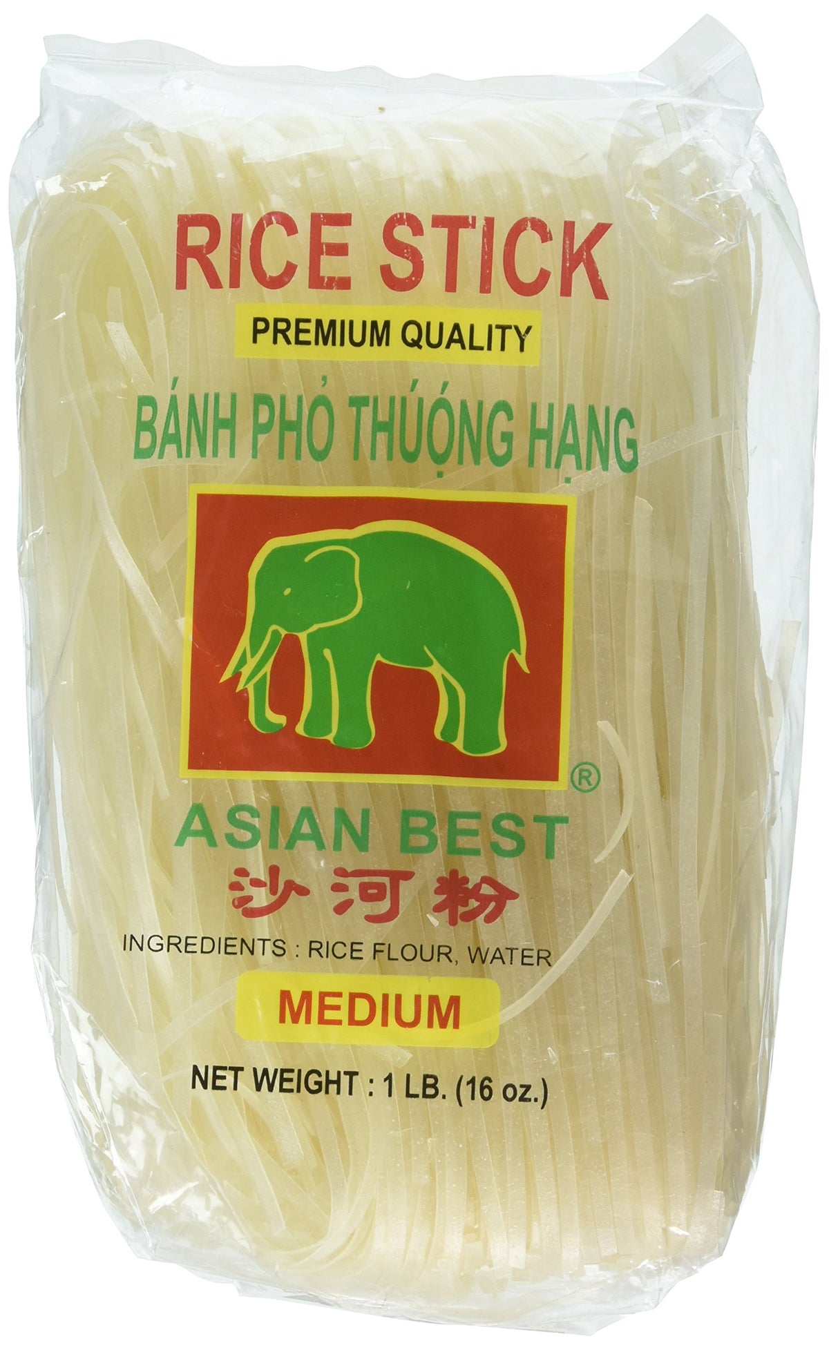Asian Best premium rice stick noodles in pack front view, ideal for pho and pad thai.