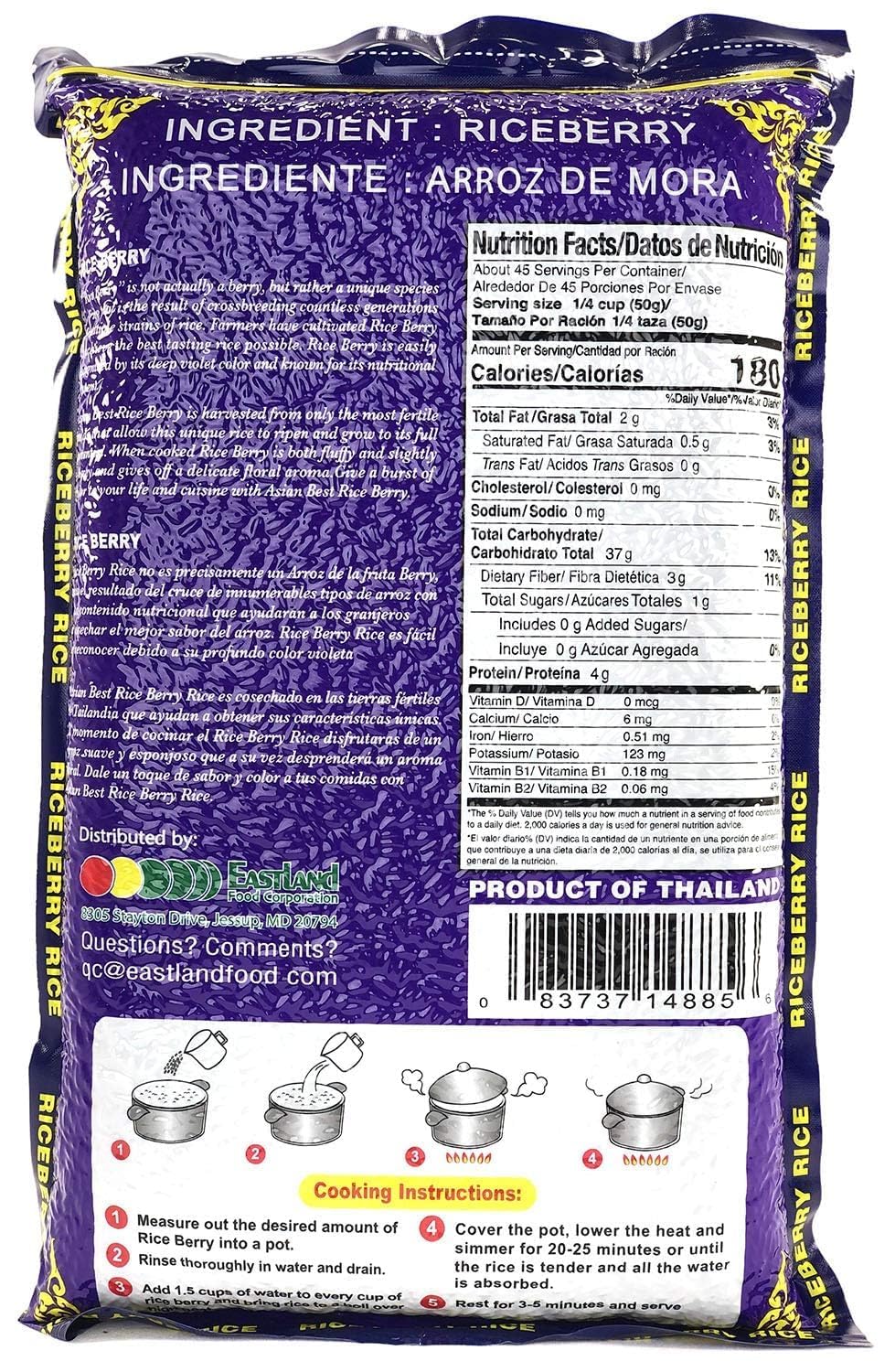 Asian Best Riceberry Rice cooked to fluffy, purplish-black grains.