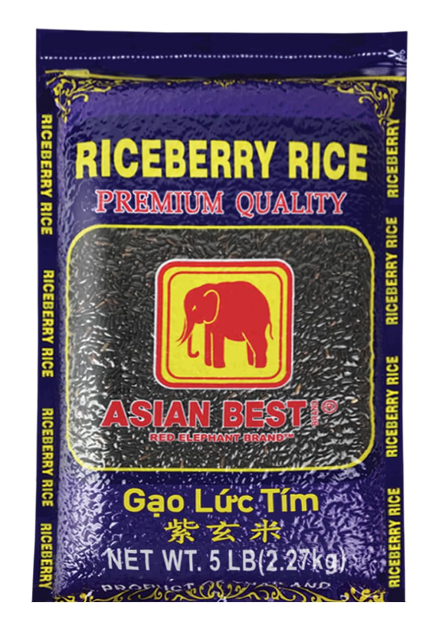 Asian Best Riceberry Rice packaging shows a 5 lb bag with purple kernels.