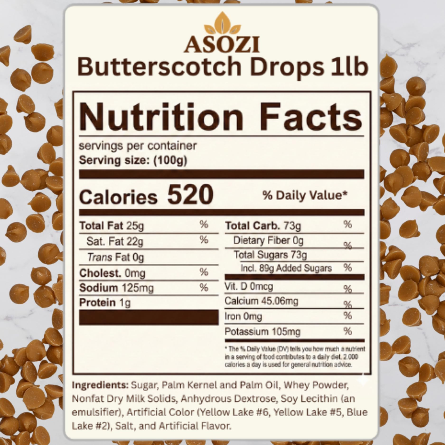 Close-up of ASOZI butterscotch chips in bag