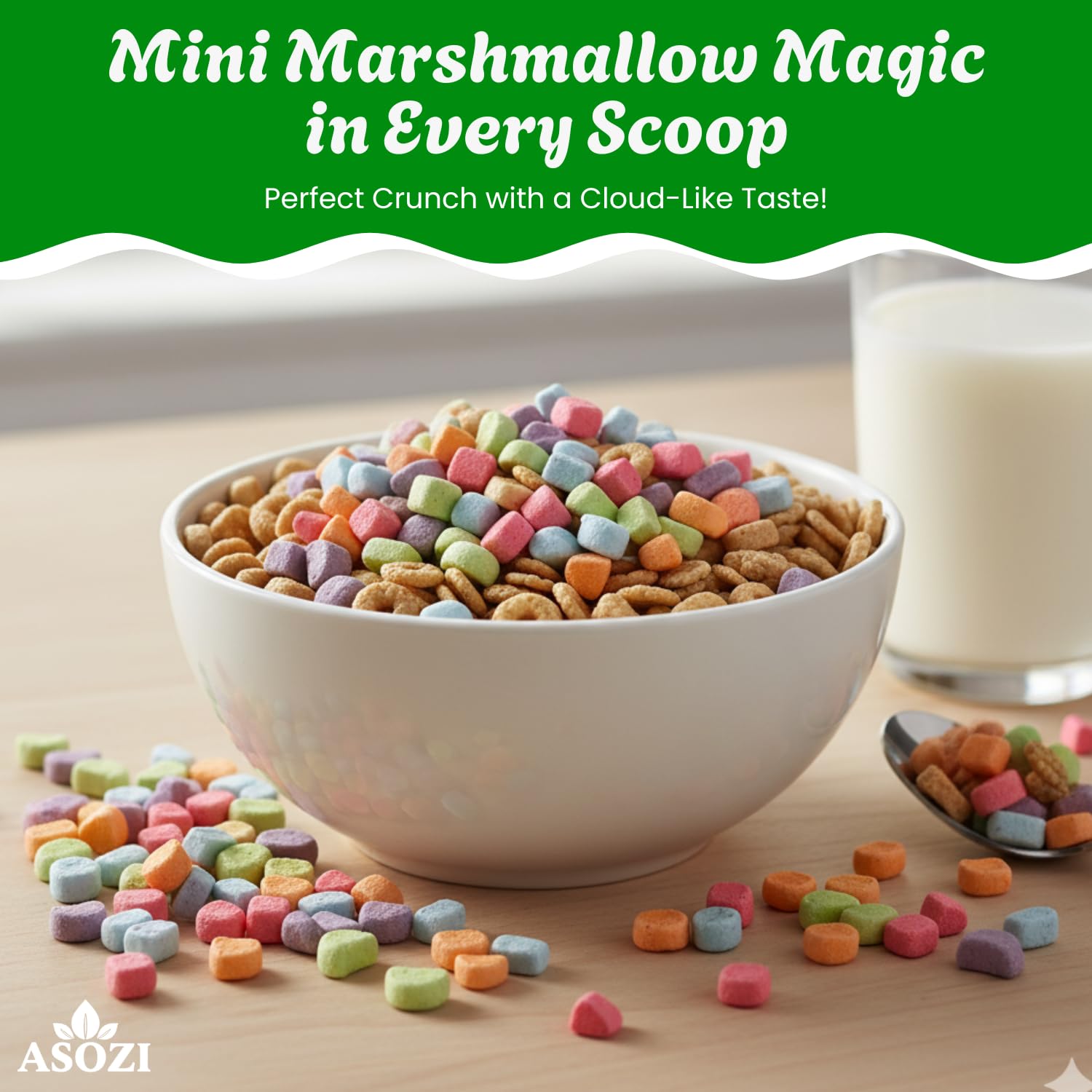 ASOZI cereal marshmallow toppings introduce color and a crunchy bite.