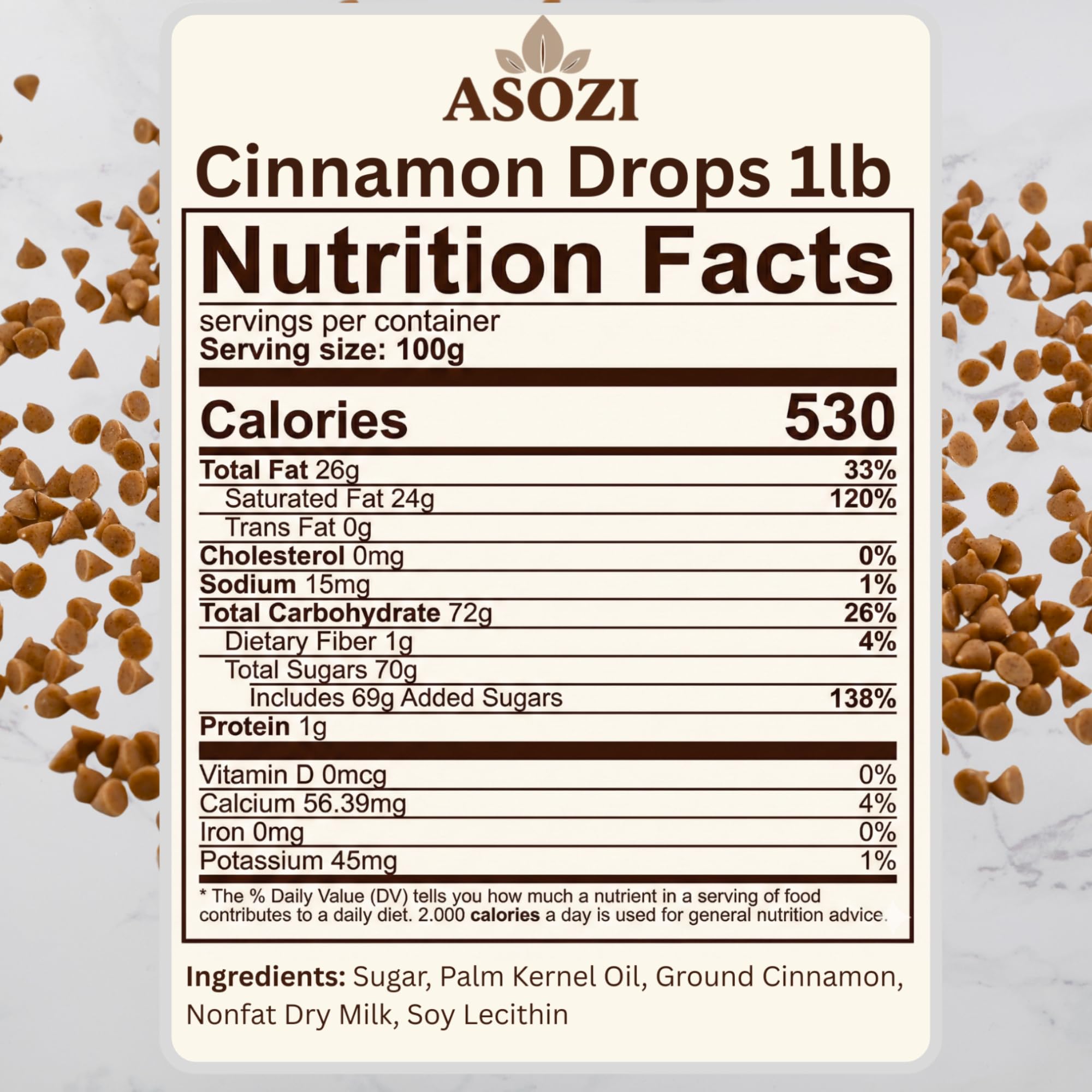 ASOZI cinnamon chips bag closeup: premium baking chips elevating cookies and desserts.