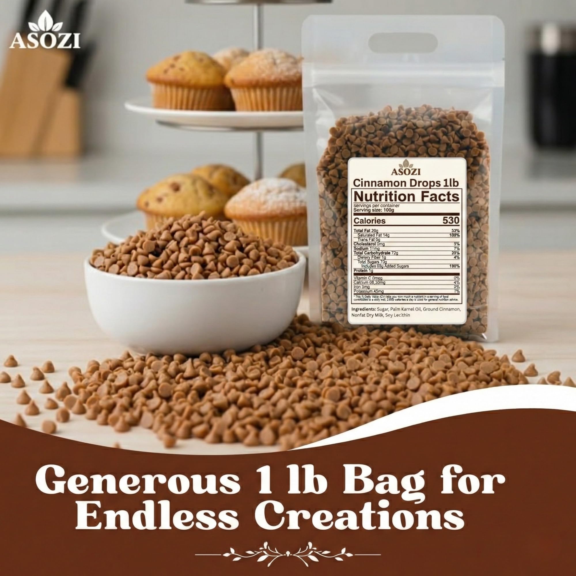 ASOZI baking chips jar: resealable packaging ideal for ongoing cinnamon flavors.