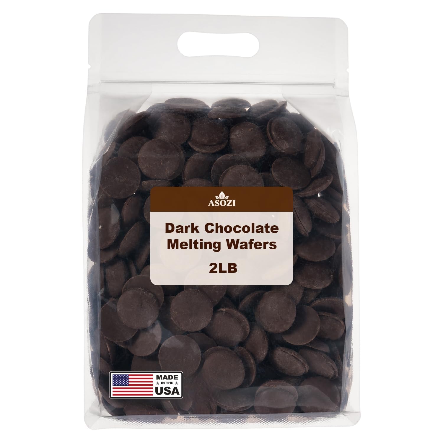 ASOZI dark chocolate melting wafers bag close-up for glossy coating