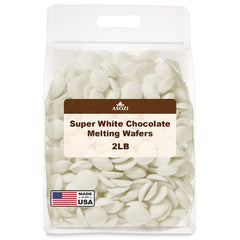 ASOZI Super White Chocolate Wafers bag closeup showing smooth melt for confections.