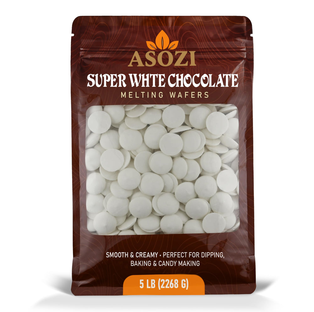 ASOZI Super White Chocolate Wafers in a 5lb bulk bag ideal for baking and coating.