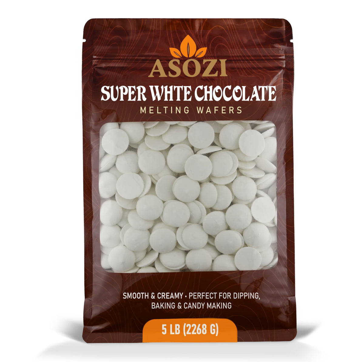 ASOZI Super White Chocolate Wafers in a 5lb bulk bag ideal for baking and coating.