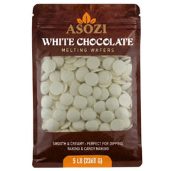ASOZI white chocolate melts bag front for easy baking and freshness.