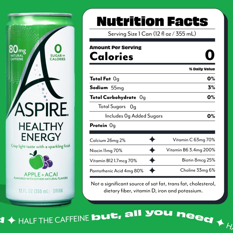 ASPIRE Apple Acai energy can highlights zero sugar formula for mindful sipping.