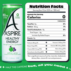 ASPIRE Apple Acai energy can highlights zero sugar formula for mindful sipping.