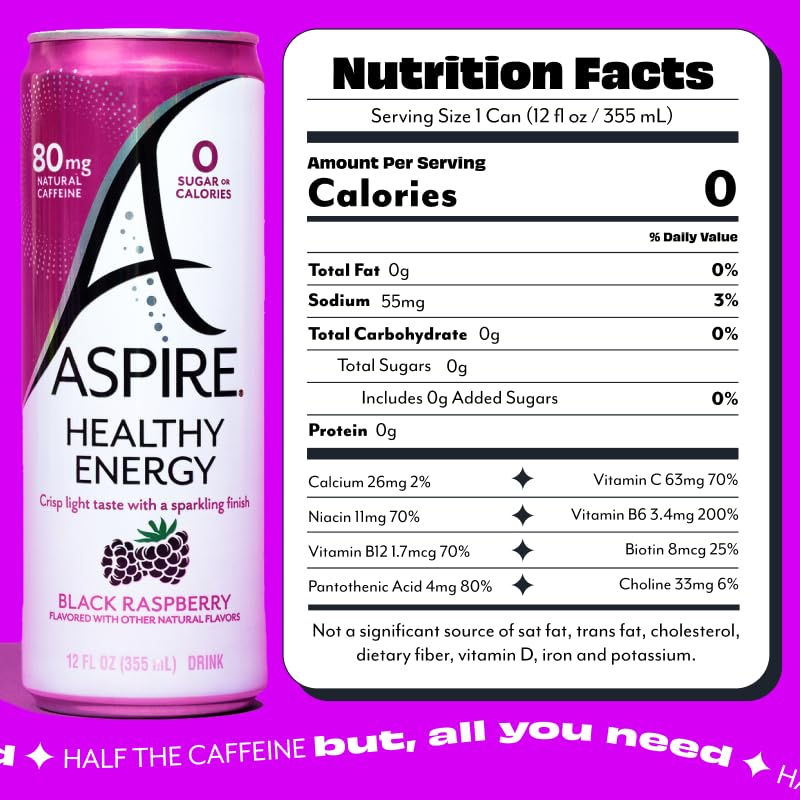 Close-up of Aspire Black Raspberry can highlighting zero sugar and clean energy.