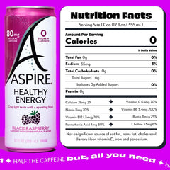 Close-up of Aspire Black Raspberry can highlighting zero sugar and clean energy.