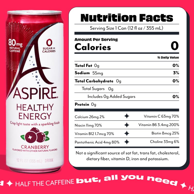 Aspire Cranberry energy drink can being poured to show zero sugar and calories
