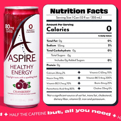 Aspire Cranberry energy drink can being poured to show zero sugar and calories