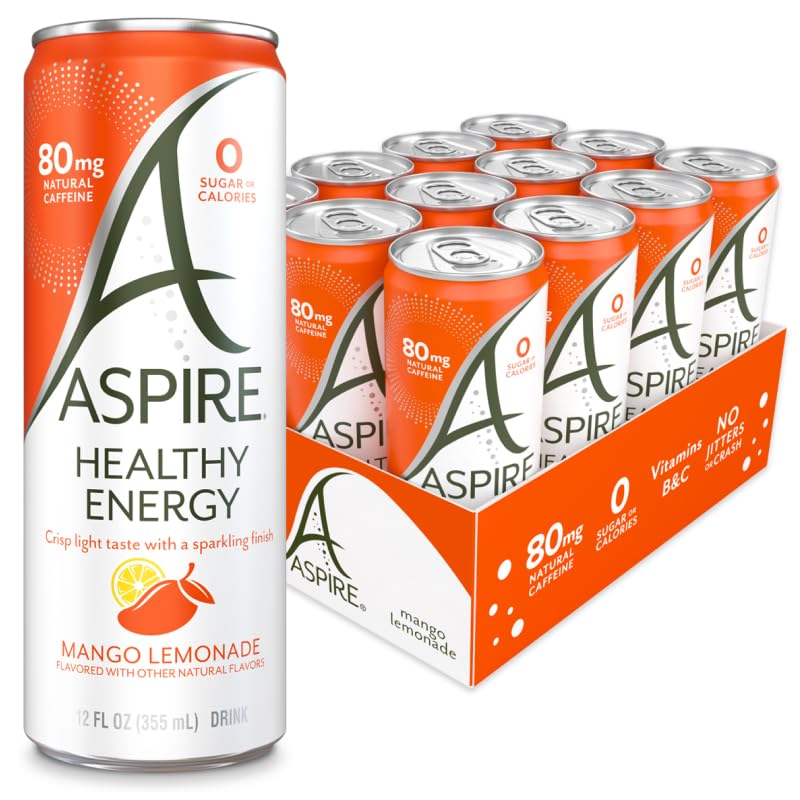 ASPIRE Mango Lemonade can on a bright backdrop, showcasing natural caffeine boost.