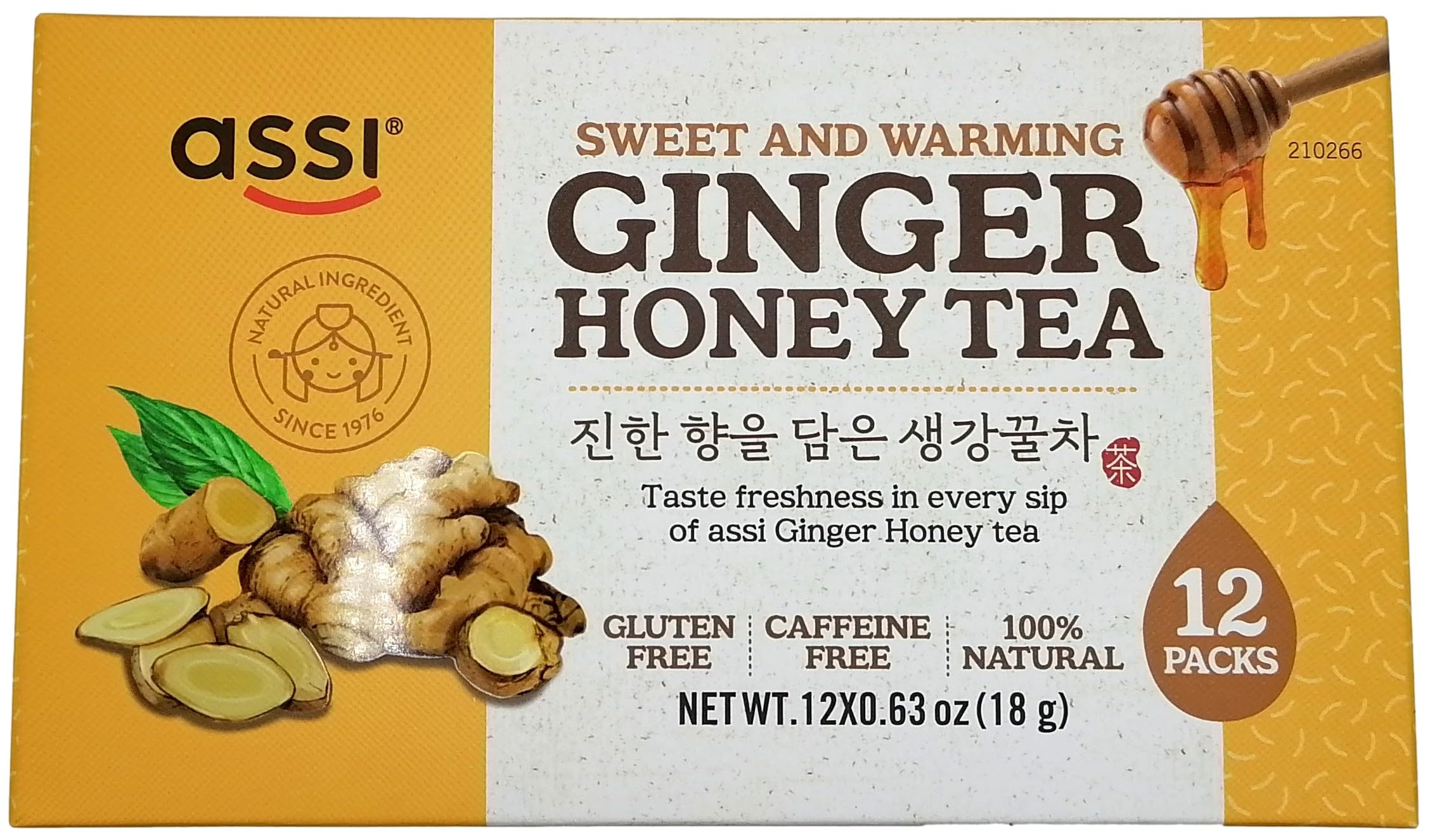 Assi Instant Ginger Tea with Honey package front, convenient tea bags for quick brewing.