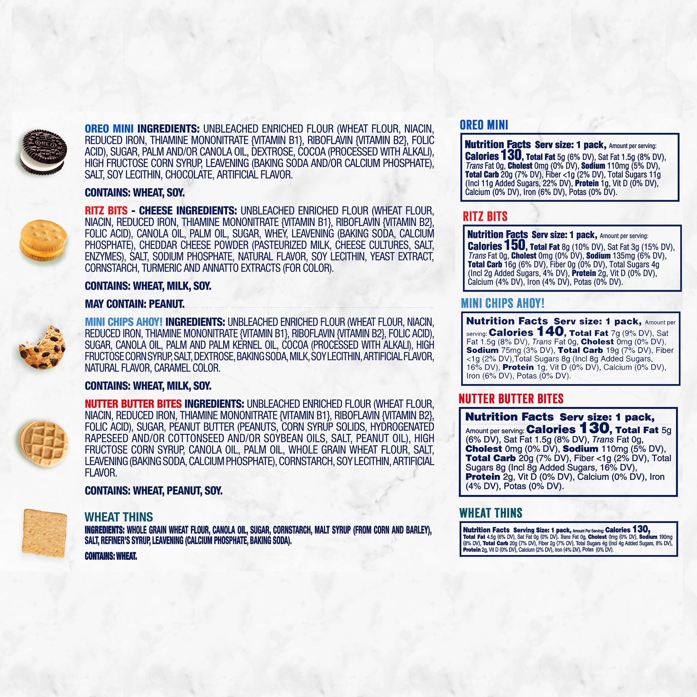 Assorted Nabisco snack packs on shelf for easy selection