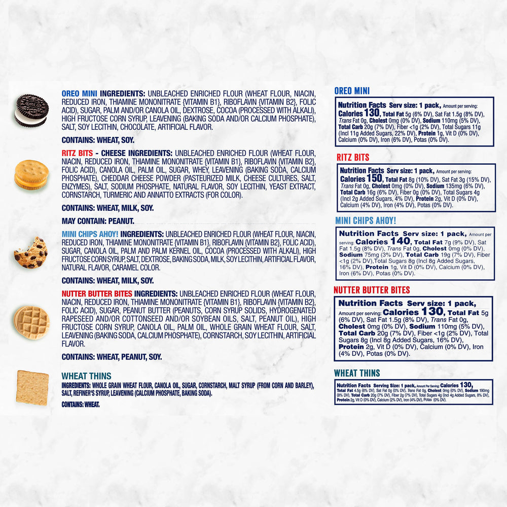 Assorted Nabisco snack packs on shelf for easy selection