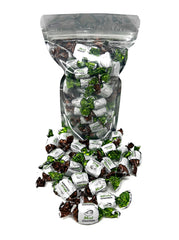 Close-up of Assortit mints showing mint exterior and chocolate center.