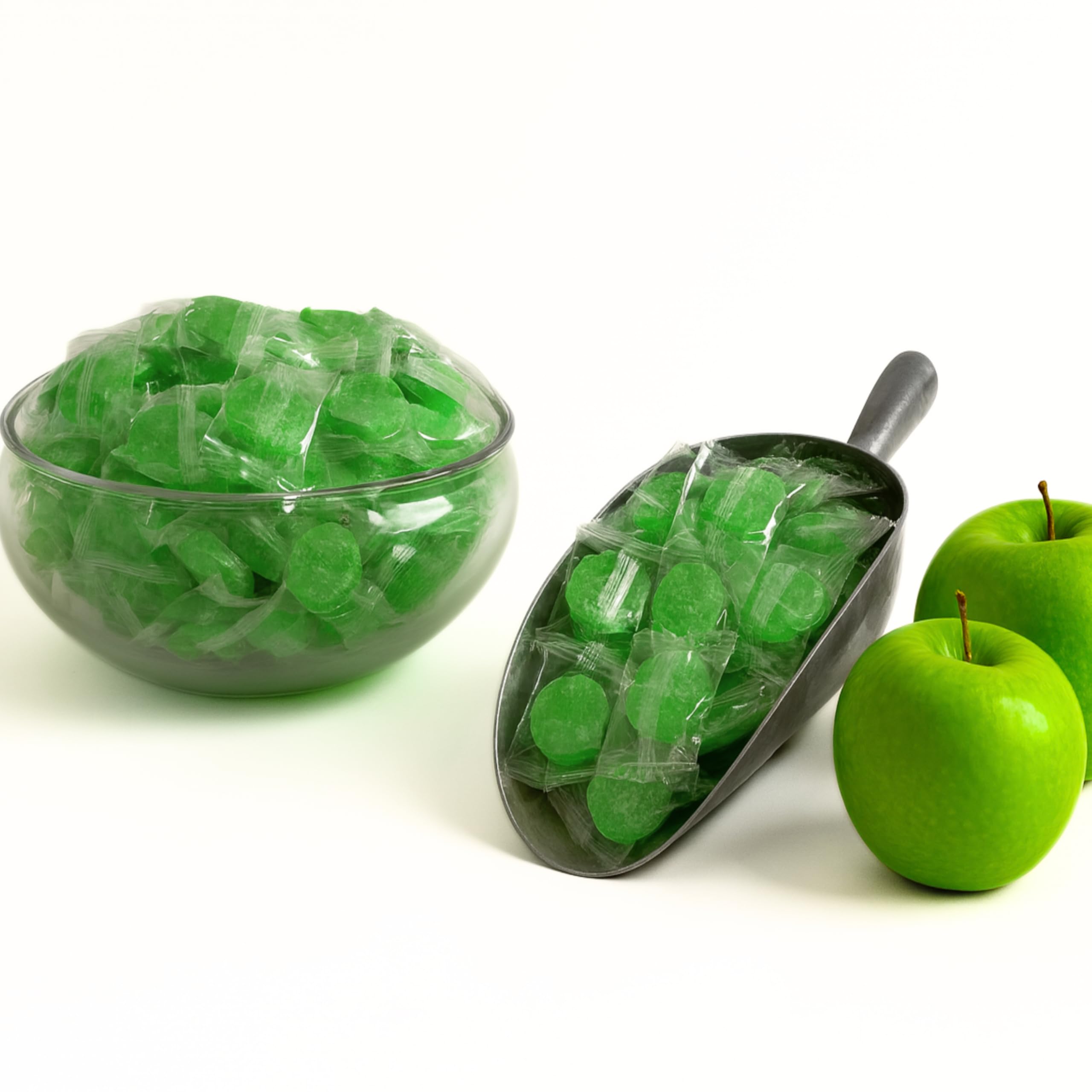 Assortit Green Apple Buttons candies arranged in a jar promote fresh, shareable snacking.