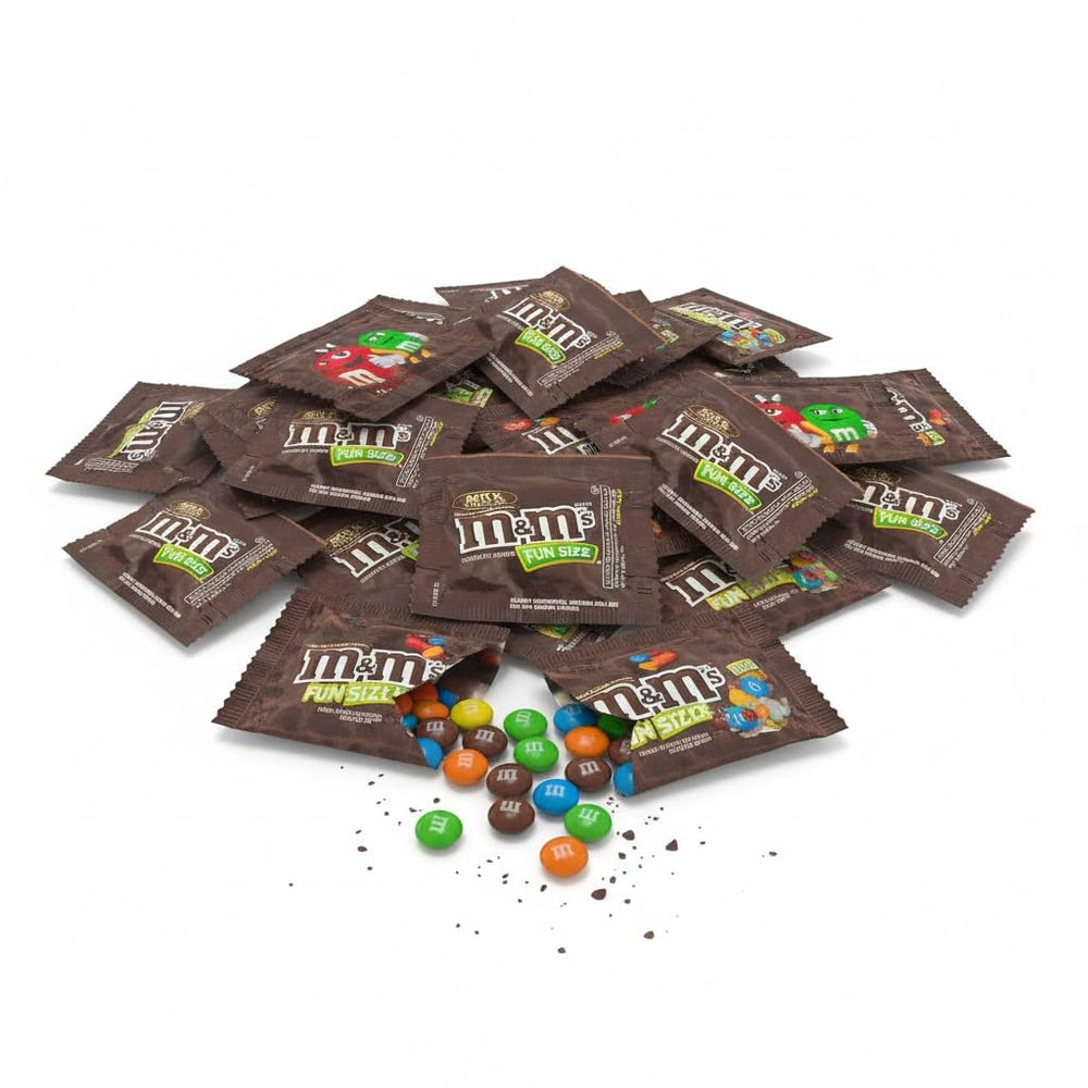 Assortit M&M Original Milk Chocolate fun size packs with colorful shells, great for parties.