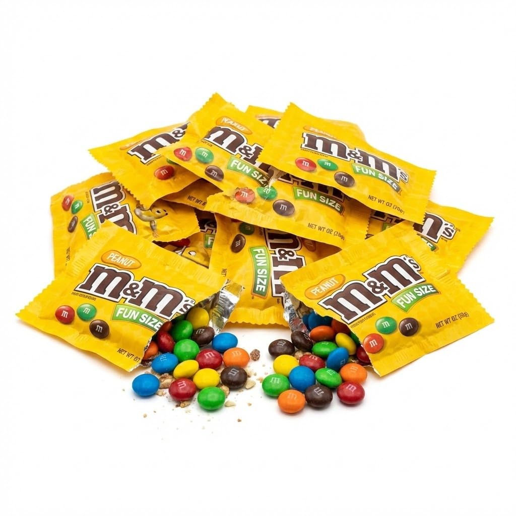 Assortit M&M Peanut Milk Chocolate fun-size bulk pack close-up showing individual wrappers.