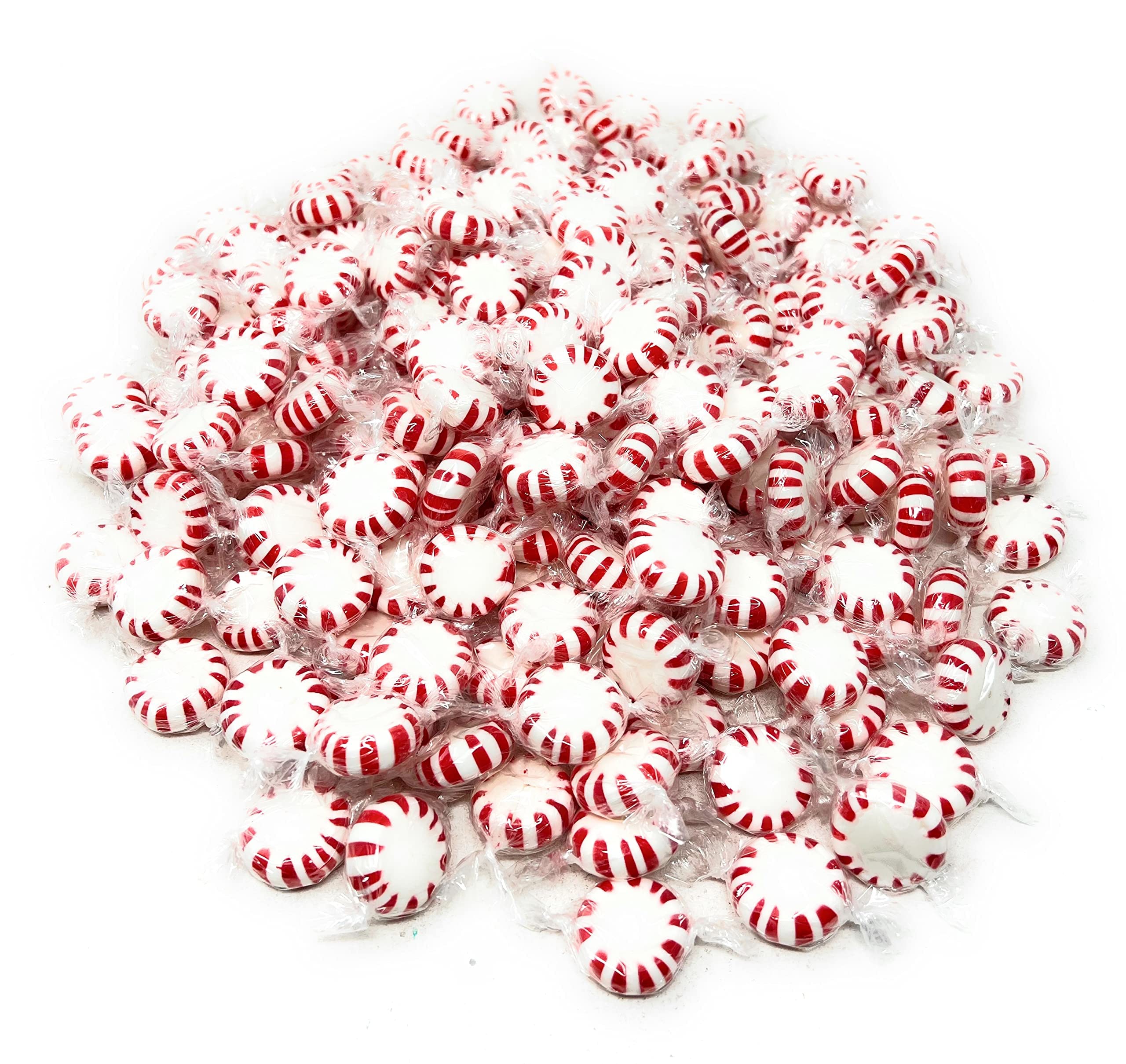 Resealable stand-up bag with window keeps peppermint candies fresh and visible.